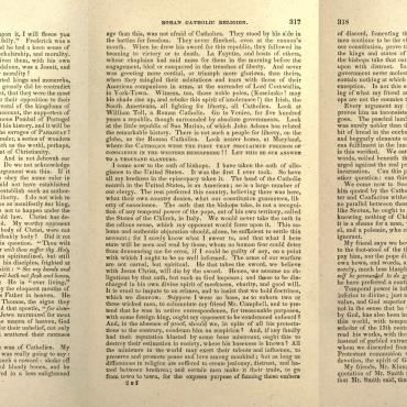 On page 316, Bishop Purcell mocks his opponent's fears of Catholics and explains why his oath as bishop does not interfere with his allegiance to America.