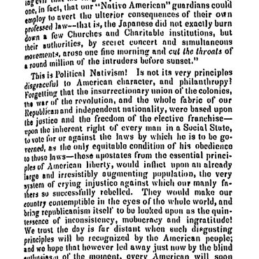 The author appeals to Americans' Christianity and philanthropy in asking them to oppose the "monstrous doctrines of 'Nativism.'"