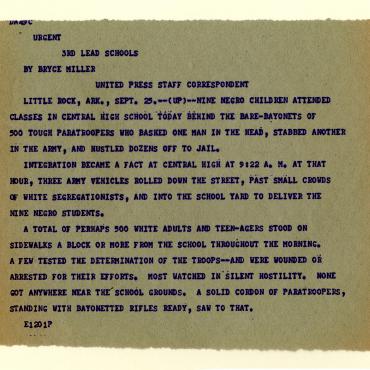 An urgent report from the United Press news service details the successful integration of Central High School in Little Rock, Ark. after weeks of tension.